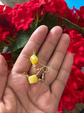 Yellow Beaded Drop Earrings - Gold Tone